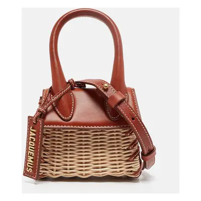 Jacquemus Brown/Cream Woven Rattan and Leather Wicker Le Chiquito Top Handle Bag