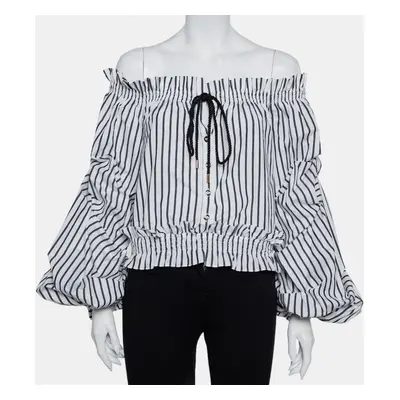 Caroline Constas White Striped Cotton Off Shoulder Ruffled Crop Top