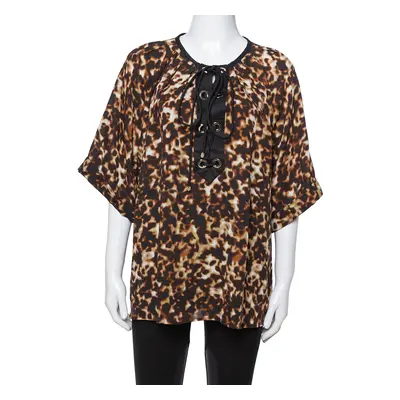 Roberto Cavalli Brown Printed Silk Crepe Tie Front Blouse