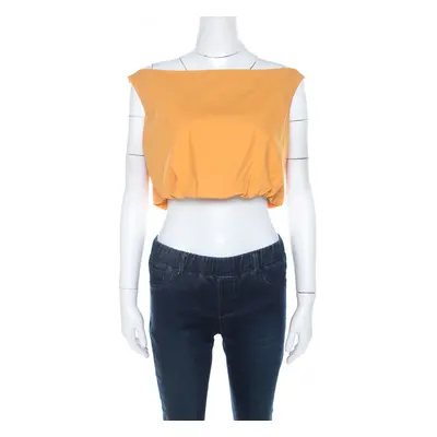 Salvatore Ferragamo Orange Cotton Bateau Neck Back Tie Up Detail Crop Top