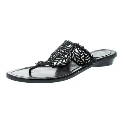 Rene Caovilla Black Crystal Embellished Lace And Leather Flat Thong Sandals Size