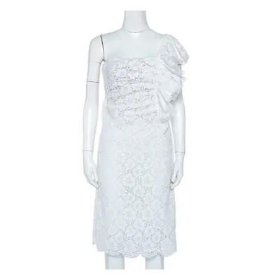 Valentino White Lace Ruffle Detail One Shoulder Midi Dress