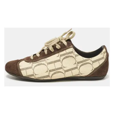 CH Carolina Herrera Brown/Beige Monogram Canvas and Suede Low Top Sneakers Size