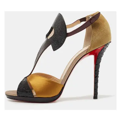 Christian Louboutin Black/Yellow Python Embossed Leather, Suede and Satin Aztec Sandals Size