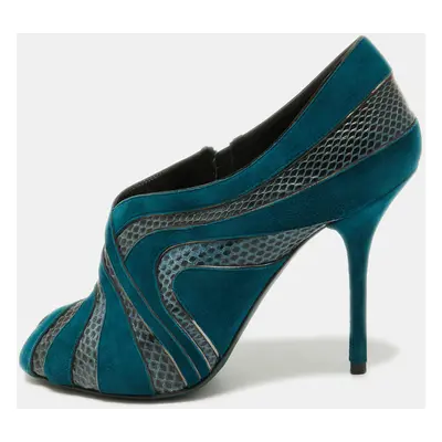 Dolce & Gabbana Teal Suede and Snakeskin Peep Toe Ankle Booties Size 38.5