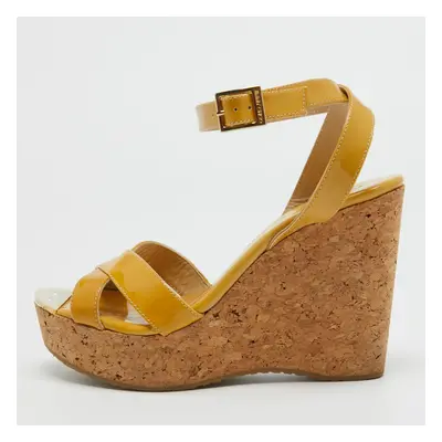 Jimmy Choo Yellow Patent Leather Cork Wedge Ankle Strap Sandals Size 39.5