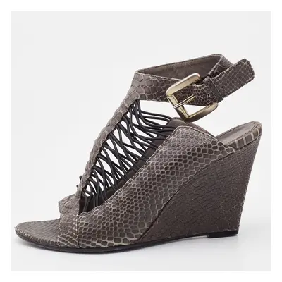 Givenchy Grey Python Embossed Leather Wedge Ankle Strap Sandals Size 37.5