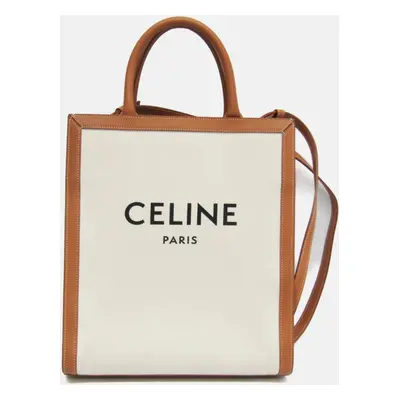 Celine Camel/Off-White Leather and Canvas Vertical Cabas Tote Bag