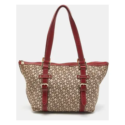 DKNY Beige/Red Signature Canvas and Leather Zip Tote