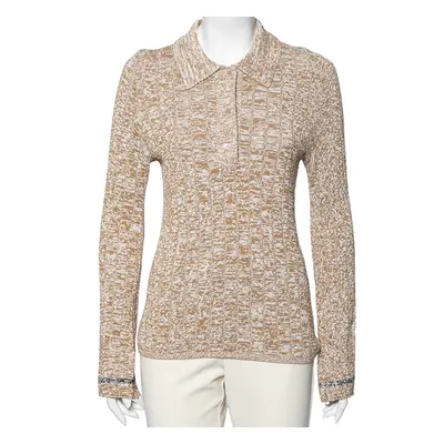 Joseph Beige Patterned Ribbed Knit Long Sleeve Polo Sweater