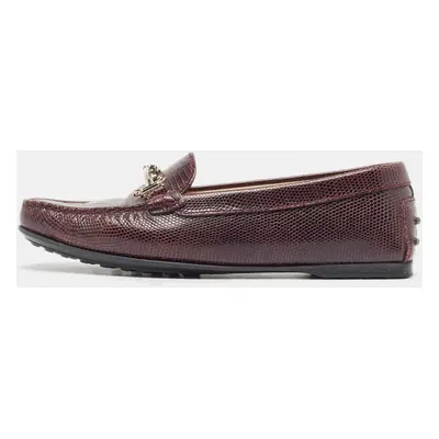 Tod's Burgundy Embossed Lizard Double T Loafers Size