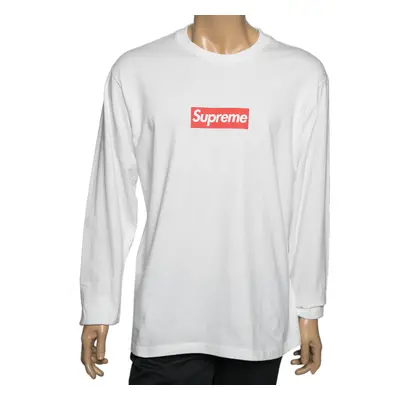 Supreme White Cotton Logo Printed Crew Neck Long Sleeve T-Shirts