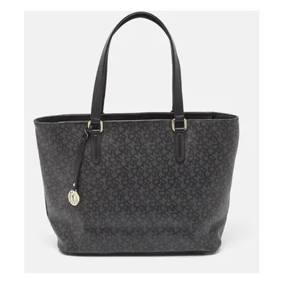 Dkny Black Monogram Coated Canvas and Leather Top Zip Tote