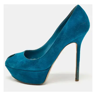 Sergio Rossi Blue Suede Peep Toe Platform Pumps Size 37.5