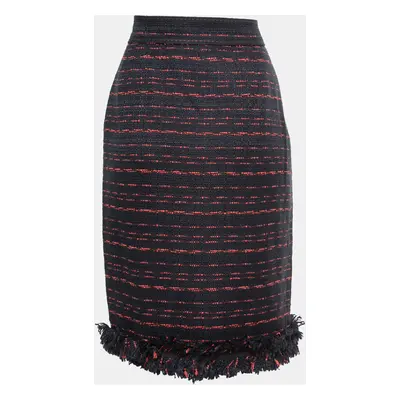 CH Carolina Herrera Navy Blue Tweed Zip Front Fringed Knee Length Skirt