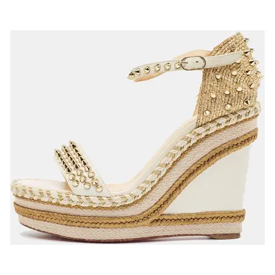 Christian Louboutin Cream Leather and Raffia Wedge Ankle Strap Sandals Size