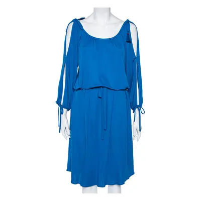 Roberto Cavalli Blue Jersey Cold Shoulder Tassel Tie Detailed Belted Dress