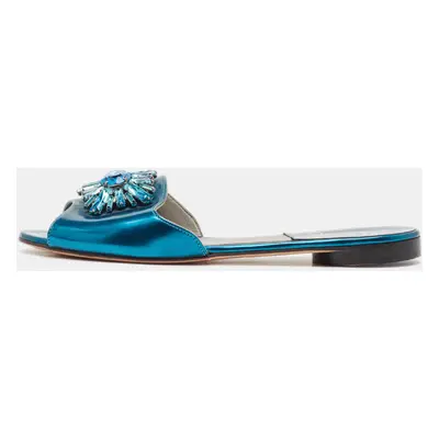 Gina Blue Leather Crystal Embellished Flat Sandals Size