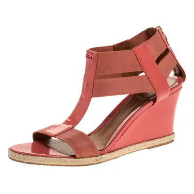 Fendi Coral Patent Leather And Elastic Fabric T-Strap Espadrille Wedge Sandals Size