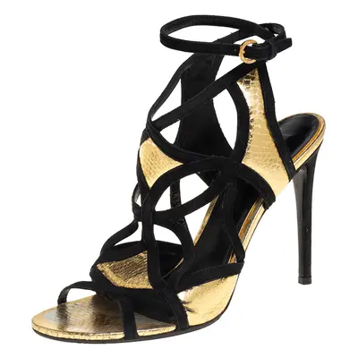 Louis Vuitton Gold and Black Python Embossed Leather And Suede Trim Cut Out Ankle Strap Sandals 