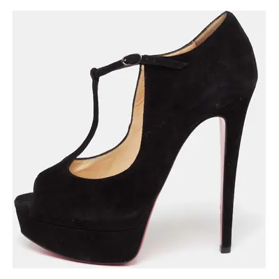 Christian Louboutin Black Suede Alta Poppins T-Strap Pumps Size 37.5