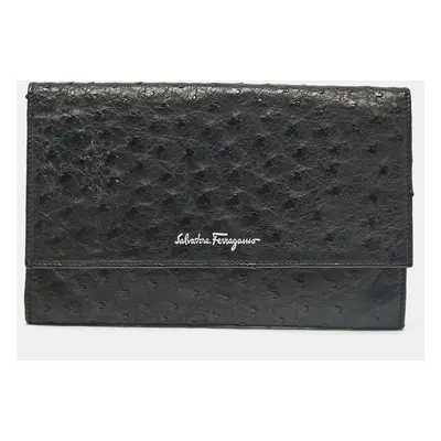 Salvatore Ferragamo Black Ostrich Leather Flap Slim Clutch