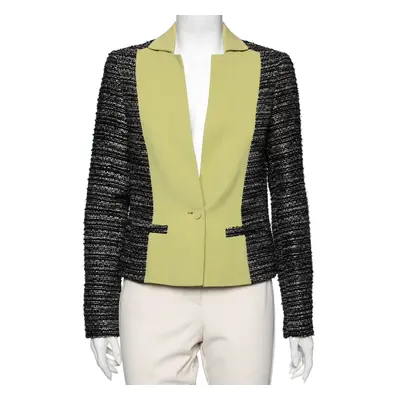 Elie Saab Black & Green Tweed Crepe Paneled Cropped Blazer