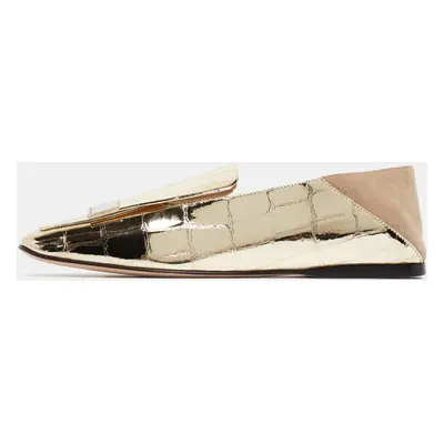 Sergio Rossi Gold/Beige Croc Embossed Patent Leather and Suede SR1 Collapsible Loafers Size 36.5