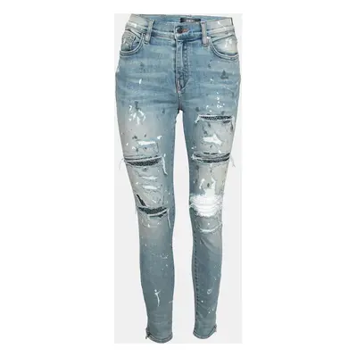 Amiri Blue Distressed Denim Crystal Embellished Inset Detail Skinny Jeans