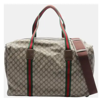 Gucci Beige Brown Multicolor Coated Canvas Leather GG Supreme Sherry Line Boston Duffle Bag