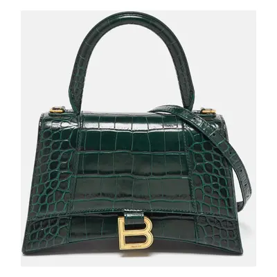 Balenciaga Dark Green Croc Embossed Leather Hourglass Top Handle Bag