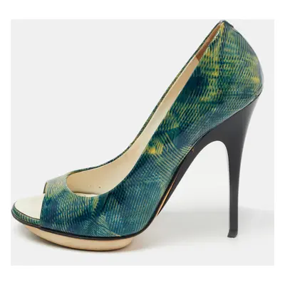 Giuseppe Zanotti Green Printed Patent Leather Peep Toe Pumps Size