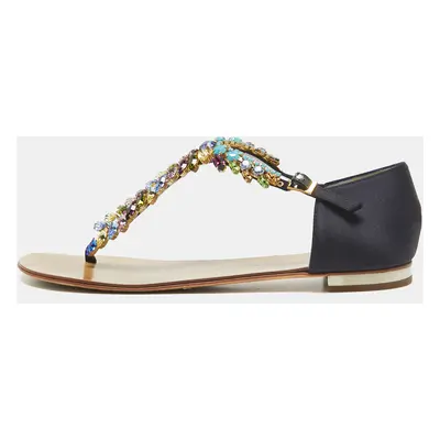 Giuseppe Zanotti Navy Blue Satin Crystal Embellished T-Strap Flat Sandals Size