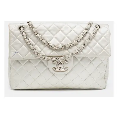 Chanel Metallic Grey Quilted Leather Maxi Classic Single Flap Bag