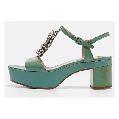 Miu Miu Green Patent Leather Crystal Embellished Platform Ankle Strap Sandals Size