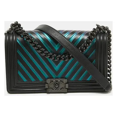 Chanel Black/Holographic Chevron Leather Boy Flap Bag