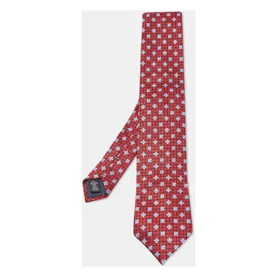 Ermenegildo Zegna Red Checked Floral Jacquard Silk Tie