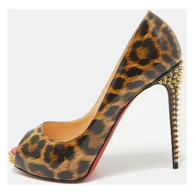 Christian Louboutin Brown/Black Leopard Print Patent New Very Prive Spike Pumps Size