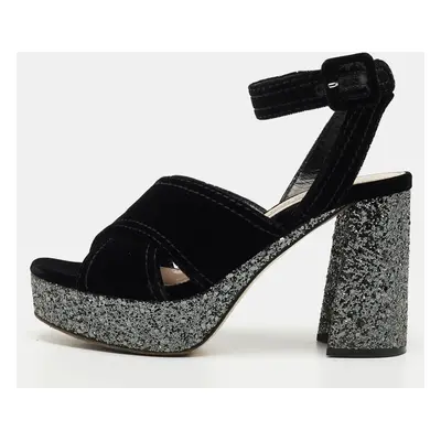 Miu Miu Black Velvet and Glitter Platform Ankle Strap Sandals Size