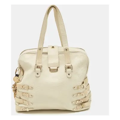 Jimmy Choo Off White/Light Beige Distressed Leather and Snakeskin Trims Bree Satchel