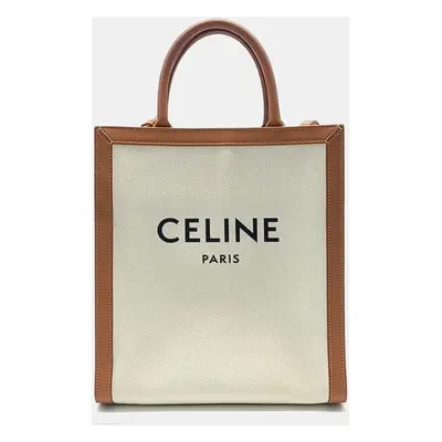 Celine Beige/Brown Fabric and Leather Small Cabas Vertical Tote Bag