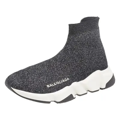 Balenciaga Black/Silver Glitter Knit Fabric Speed Trainer Sneakers Size