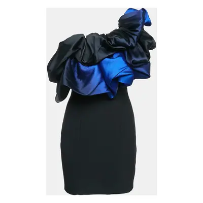 Solace London Black/Blue Crepe One-Shoulder Ruffled Mini Dress