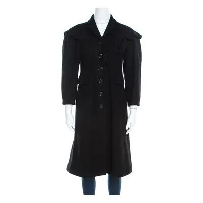 Moschino Black Wool Ruffled Trim Rosette Applique Button Front Long Coat