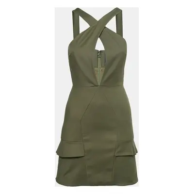 Cushnie Et Ochs Safari Green Stretch Cotton Keyhole Detail Mini Dress