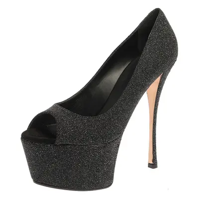 Giuseppe Zanotti Black Glittered Suede Open Toe Platform Pumps Size