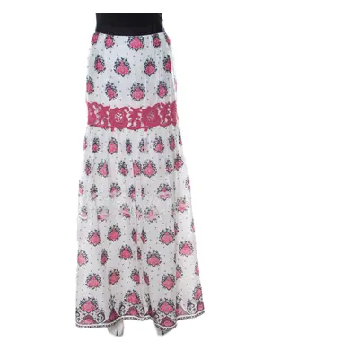 Philosophy di Alberta Ferretti White & Pink Cotton Floral Print Lace Insert Maxi Skirt