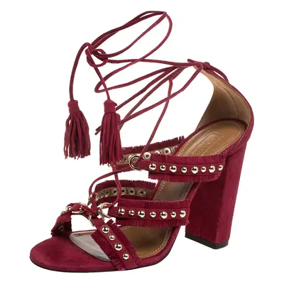 Aquazzura Burgundy Suede Leather Tulum Fringe Detail Studded Ankle Wrap Sandals Size