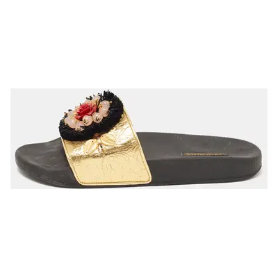 Dolce & Gabbana Gold Jacquard Embellished Slide Sandals Size