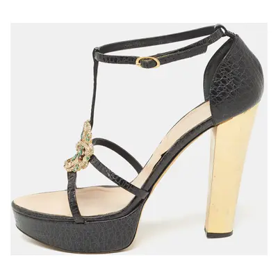 Giuseppe Zanotti Black Croc Embossed Embellished Ankle Strap Sandals Size 39.5